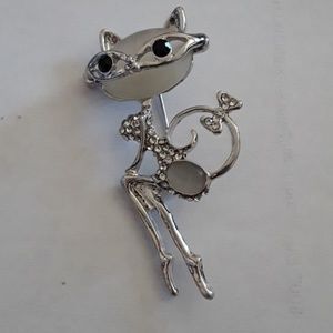 Opal Rhinestone Cat w/Glasses Brooch NIP